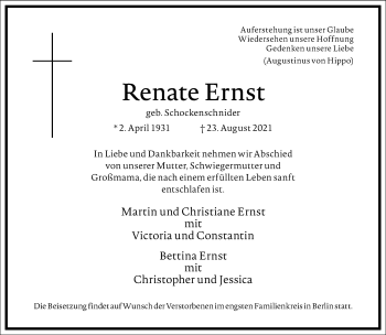 Traueranzeige von Renate Ernst von Frankfurter Allgemeine Zeitung