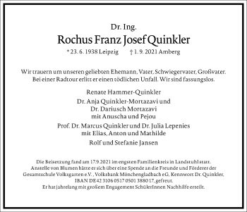 Traueranzeige von Rochus Franz Josef Quinkler von Frankfurter Allgemeine Zeitung