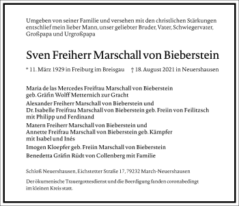 Traueranzeige von Sven Freiherr Marschall von Bieberstein von Frankfurter Allgemeine Zeitung