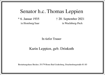 Traueranzeige von Thomas Leppien von Frankfurter Allgemeine Zeitung