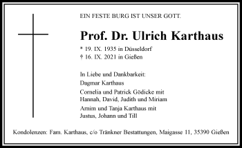 Traueranzeige von Ulrich Karthaus von Frankfurter Allgemeine Zeitung