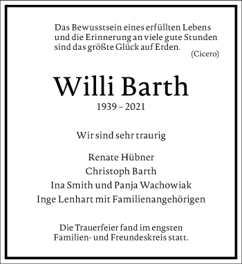 Traueranzeige von Willi Barth von Frankfurter Allgemeine Zeitung