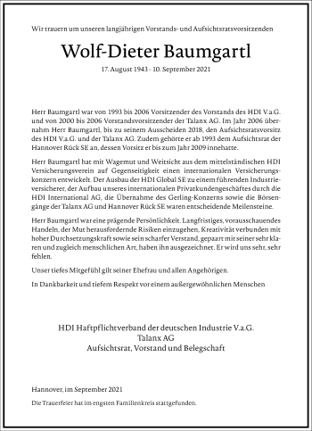 Traueranzeige von Wolf-Dieter Baumgartl von Frankfurter Allgemeine Zeitung