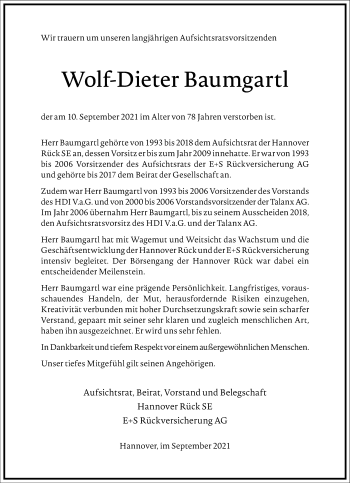 Traueranzeige von Wolf-Dieter Baumgartl von Frankfurter Allgemeine Zeitung