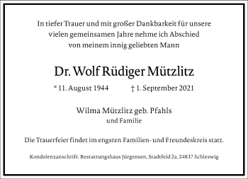 Traueranzeige von Wolf Rüdiger Mützlitz von Frankfurter Allgemeine Zeitung