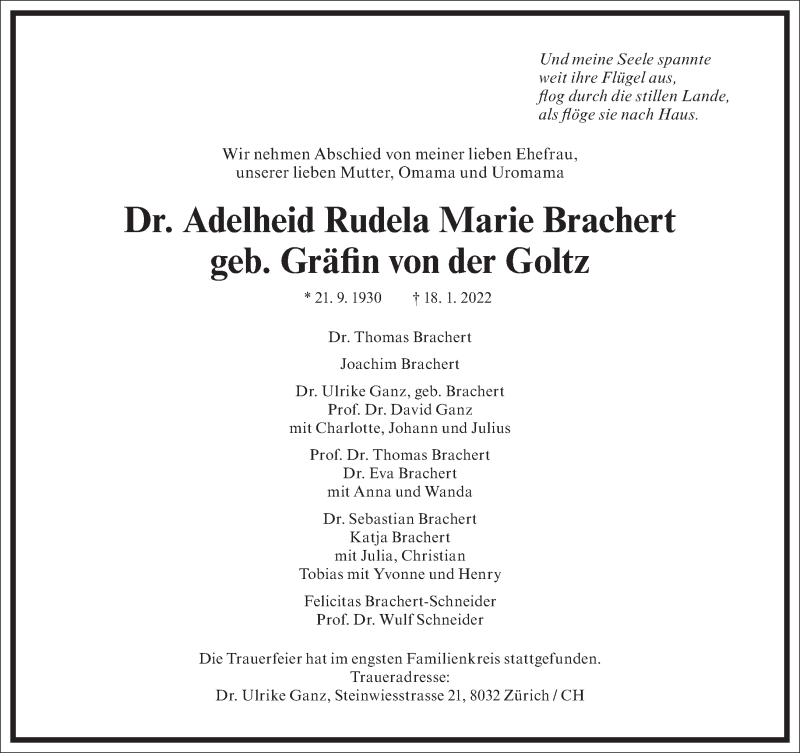  Traueranzeige für Adelheid  Brachert vom 29.01.2022 aus Frankfurter Allgemeine Zeitung