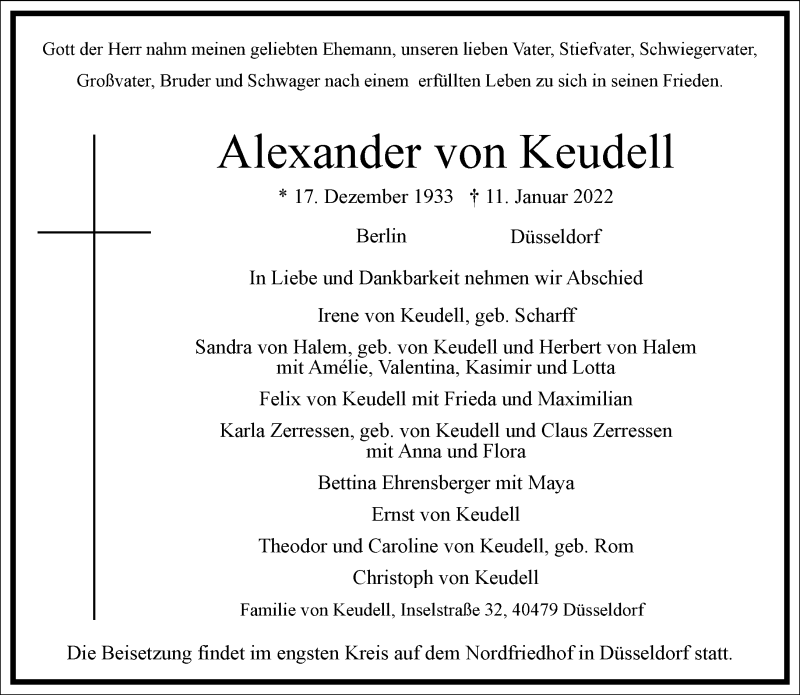  Traueranzeige für Alexander von Keudell vom 15.01.2022 aus Frankfurter Allgemeine Zeitung