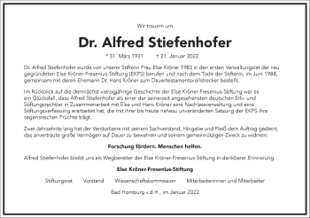 Traueranzeige von Alfred Stiefenhofer von Frankfurter Allgemeine Zeitung