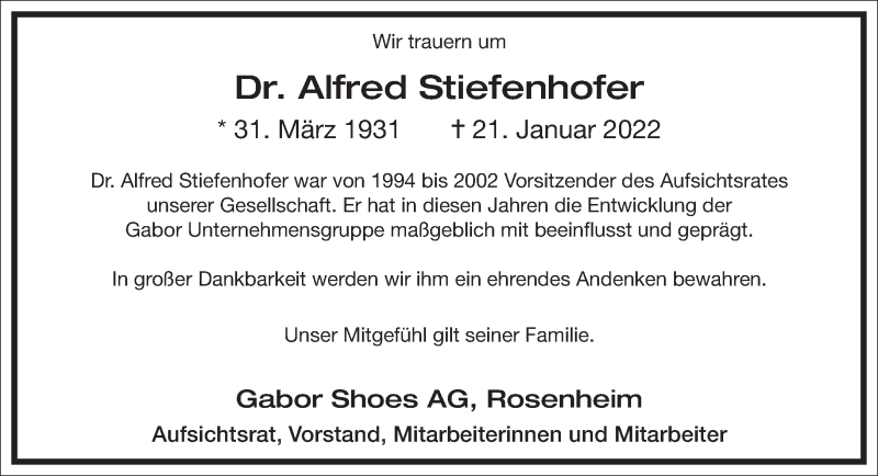  Traueranzeige für Alfred Stiefenhofer vom 29.01.2022 aus Frankfurter Allgemeine Zeitung