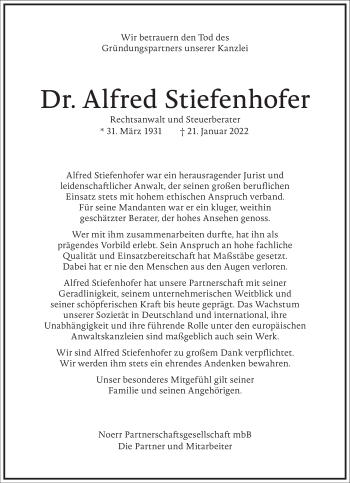 Traueranzeige von Alfred Stiefenhofer von Frankfurter Allgemeine Zeitung