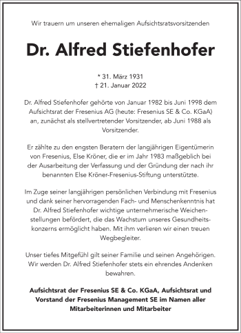 Traueranzeige von Alfred Stiefenhofer von Frankfurter Allgemeine Zeitung