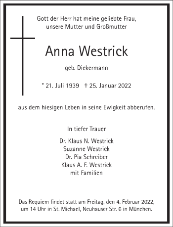 Traueranzeige von Anna Westrick von Frankfurter Allgemeine Zeitung