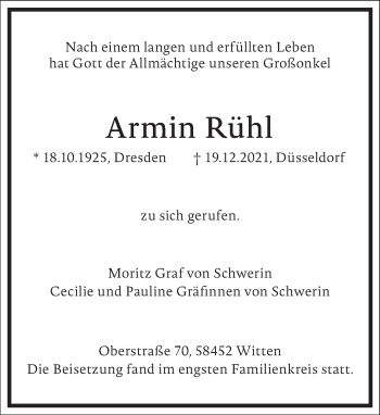 Traueranzeige von Armin Rühl von Frankfurter Allgemeine Zeitung