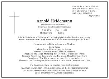 Traueranzeige von Arnold Heidemann von Frankfurter Allgemeine Zeitung