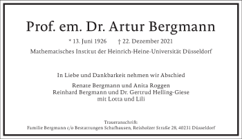 Traueranzeige von Artur Bergmann von Frankfurter Allgemeine Zeitung