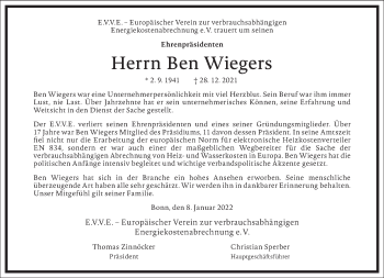 Traueranzeige von Ben Wiegers von Frankfurter Allgemeine Zeitung