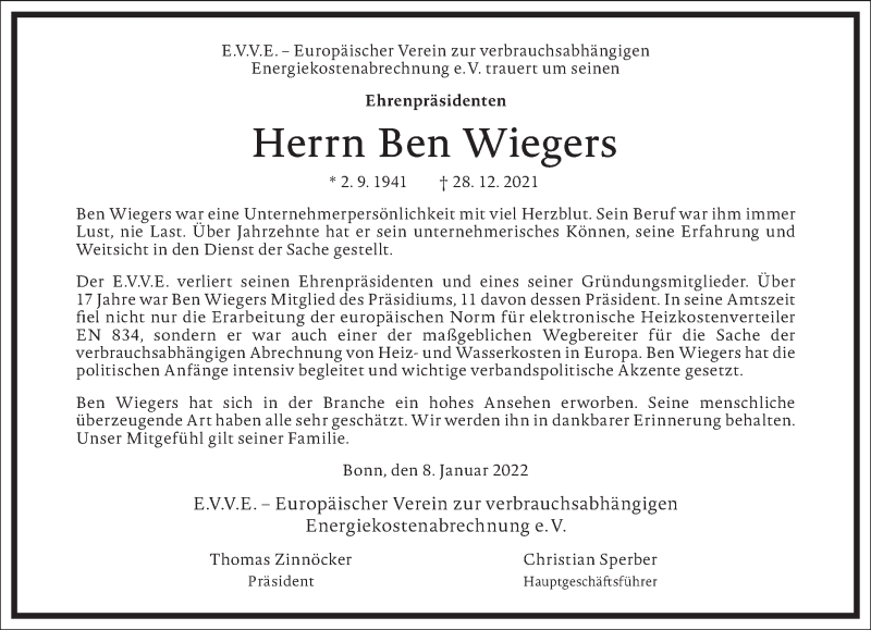  Traueranzeige für Ben Wiegers vom 08.01.2022 aus Frankfurter Allgemeine Zeitung