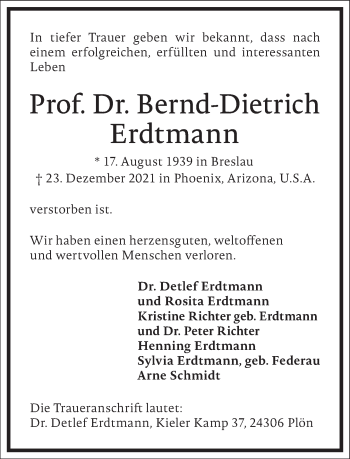 Traueranzeige von Bernd-Dietrich Erdtmann von Frankfurter Allgemeine Zeitung