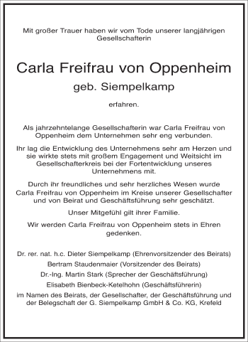 Traueranzeige von Carla von Oppenheim von Frankfurter Allgemeine Zeitung