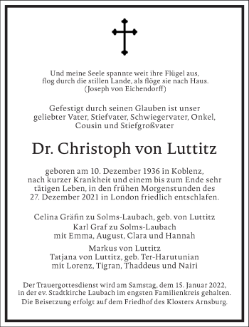 Traueranzeige von Christoph von Luttitz von Frankfurter Allgemeine Zeitung