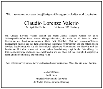 Traueranzeige von Claudio Lorenzo Valerio von Frankfurter Allgemeine Zeitung