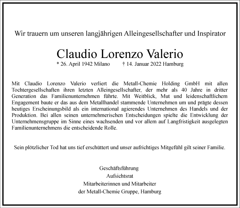  Traueranzeige für Claudio Lorenzo Valerio vom 24.01.2022 aus Frankfurter Allgemeine Zeitung