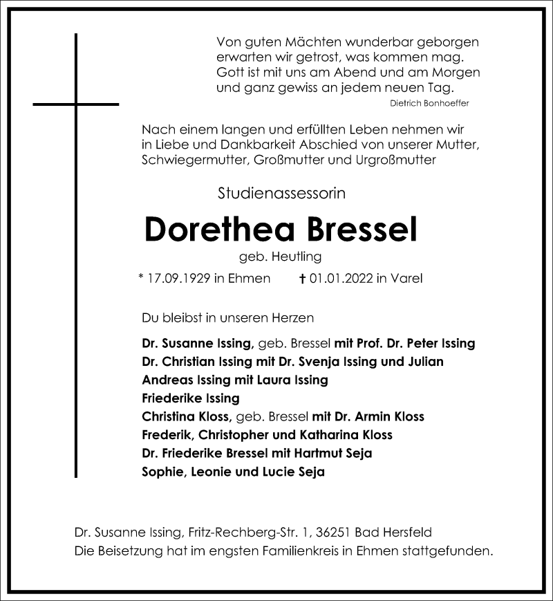  Traueranzeige für Dorethea Bressel vom 08.01.2022 aus Frankfurter Allgemeine Zeitung