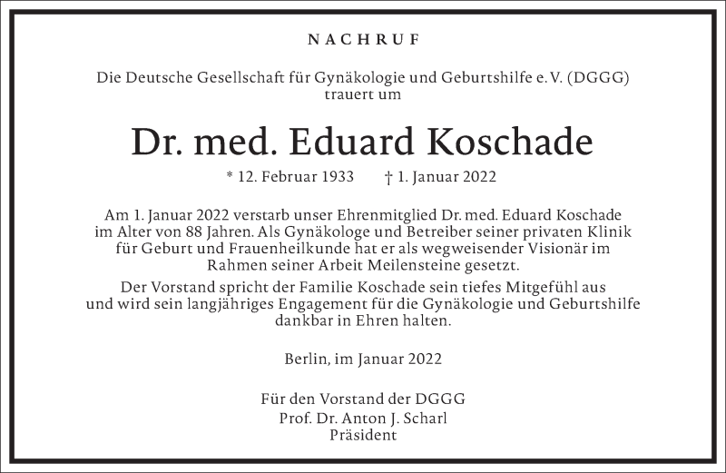  Traueranzeige für Eduard Koschade vom 22.01.2022 aus Frankfurter Allgemeine Zeitung