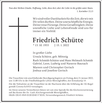 Traueranzeige von Friedrich Schütte von Frankfurter Allgemeine Zeitung