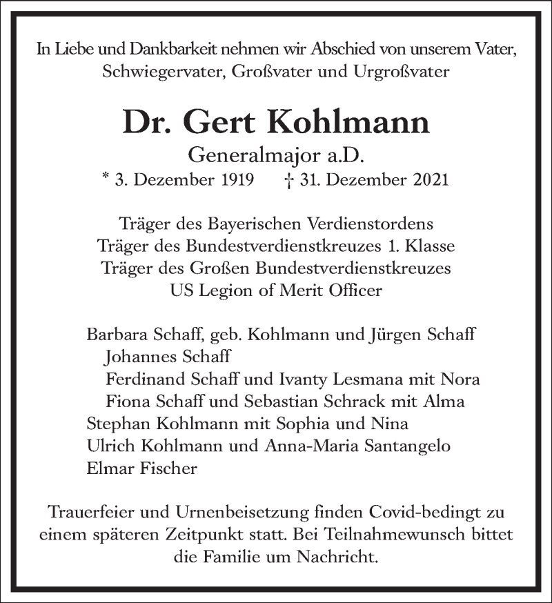  Traueranzeige für Gert Kohlmann vom 07.01.2022 aus Frankfurter Allgemeine Zeitung