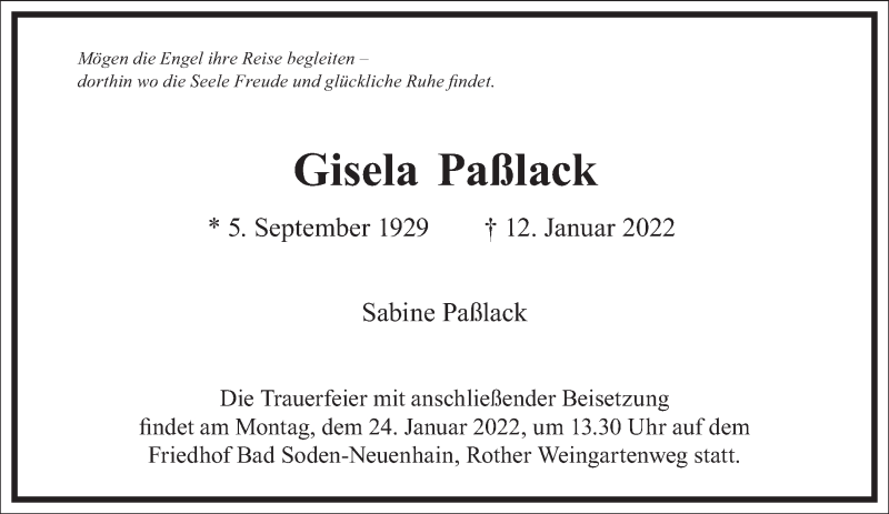  Traueranzeige für Gisela Paßlack vom 15.01.2022 aus Frankfurter Allgemeine Zeitung