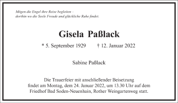 Traueranzeige von Gisela Paßlack von Frankfurter Allgemeine Zeitung