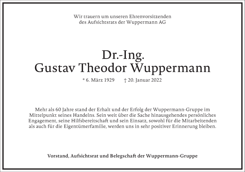  Traueranzeige für Gustav Theodor Wuppermann vom 27.01.2022 aus Frankfurter Allgemeine Zeitung