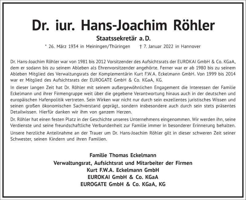  Traueranzeige für Hans-Joachim Röhler vom 15.01.2022 aus Frankfurter Allgemeine Zeitung