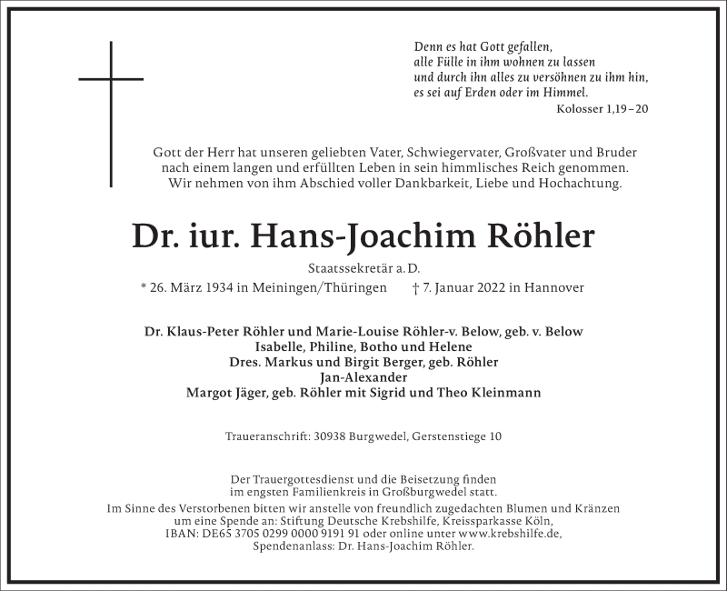  Traueranzeige für Hans-Joachim Röhler vom 15.01.2022 aus Frankfurter Allgemeine Zeitung