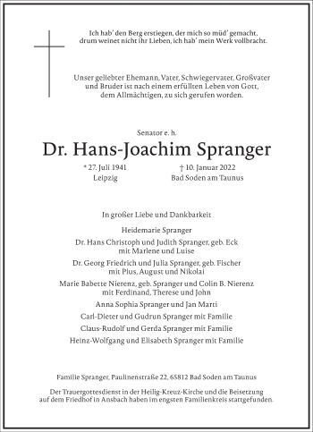 Traueranzeige von Hans-Joachim Spranger von Frankfurter Allgemeine Zeitung