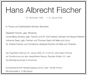 Traueranzeige von Hans Albrecht Fischer von Frankfurter Allgemeine Zeitung