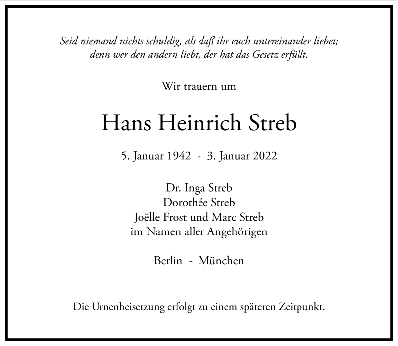  Traueranzeige für Hans Heinrich Streb vom 08.01.2022 aus Frankfurter Allgemeine Zeitung