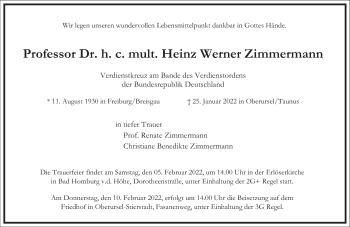 Traueranzeige von Heinz Werner Zimmermann von Frankfurter Allgemeine Zeitung