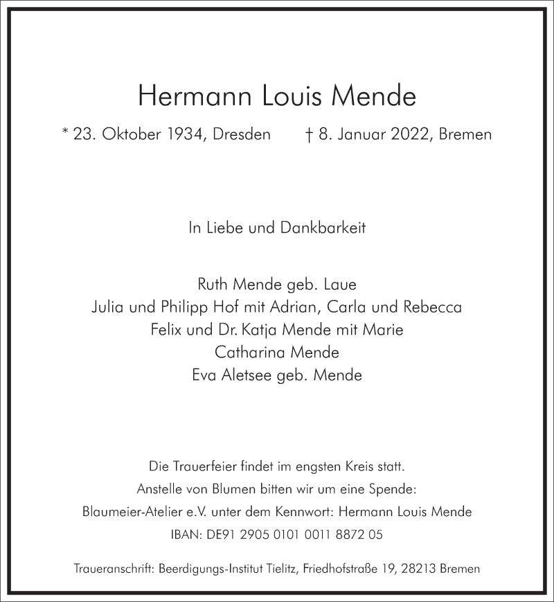  Traueranzeige für Hermann Louis Mende vom 15.01.2022 aus Frankfurter Allgemeine Zeitung
