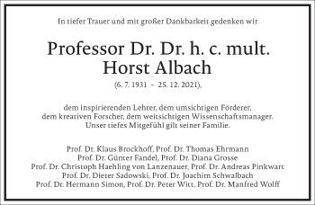 Traueranzeige von Horst Albach von Frankfurter Allgemeine Zeitung