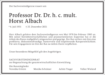 Traueranzeige von Horst Albach von Frankfurter Allgemeine Zeitung