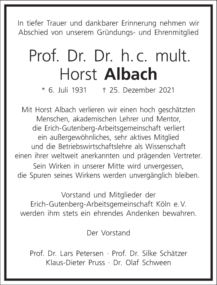  Traueranzeige für Horst Albach vom 05.01.2022 aus Frankfurter Allgemeine Zeitung