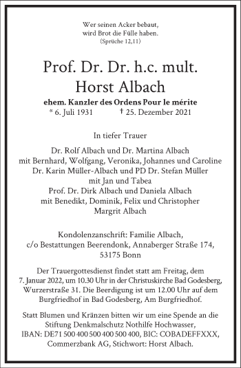 Traueranzeige von Horst Albach von Frankfurter Allgemeine Zeitung