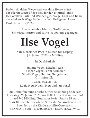 Traueranzeige von Ilse Vogel von Frankfurter Allgemeine Zeitung