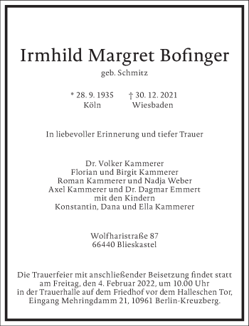 Traueranzeige von Irmhild Margret Bofinger von Frankfurter Allgemeine Zeitung