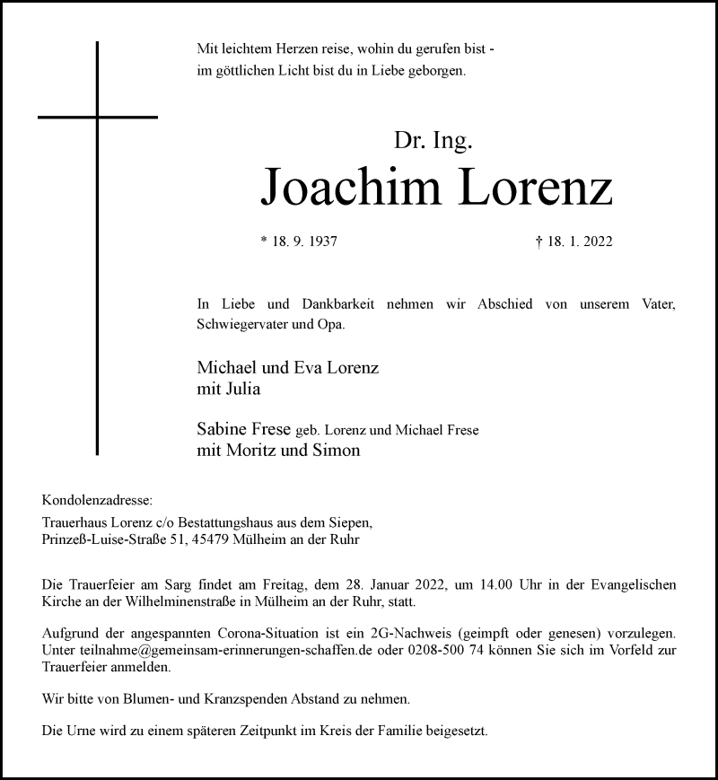  Traueranzeige für Joachim Lorenz vom 26.01.2022 aus Frankfurter Allgemeine Zeitung