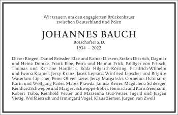 Traueranzeige von Johannes Bauch von Frankfurter Allgemeine Zeitung
