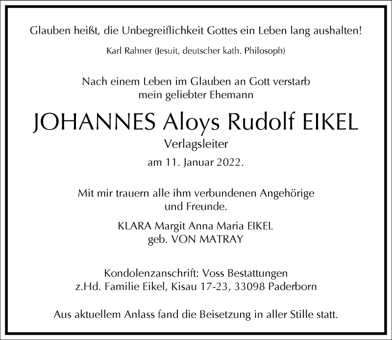  Traueranzeige für Johannes Aloys Rudolf Eikel vom 26.01.2022 aus Frankfurter Allgemeine Zeitung