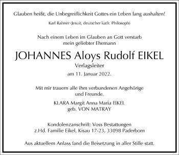 Traueranzeige von Johannes Aloys Rudolf Eikel von Frankfurter Allgemeine Zeitung